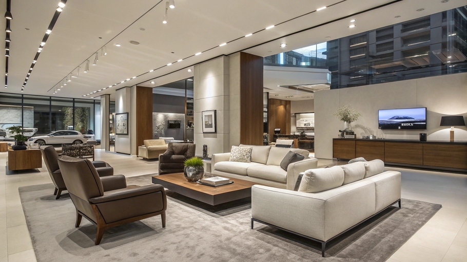 elegant showroom with modern sofas and armchairs
