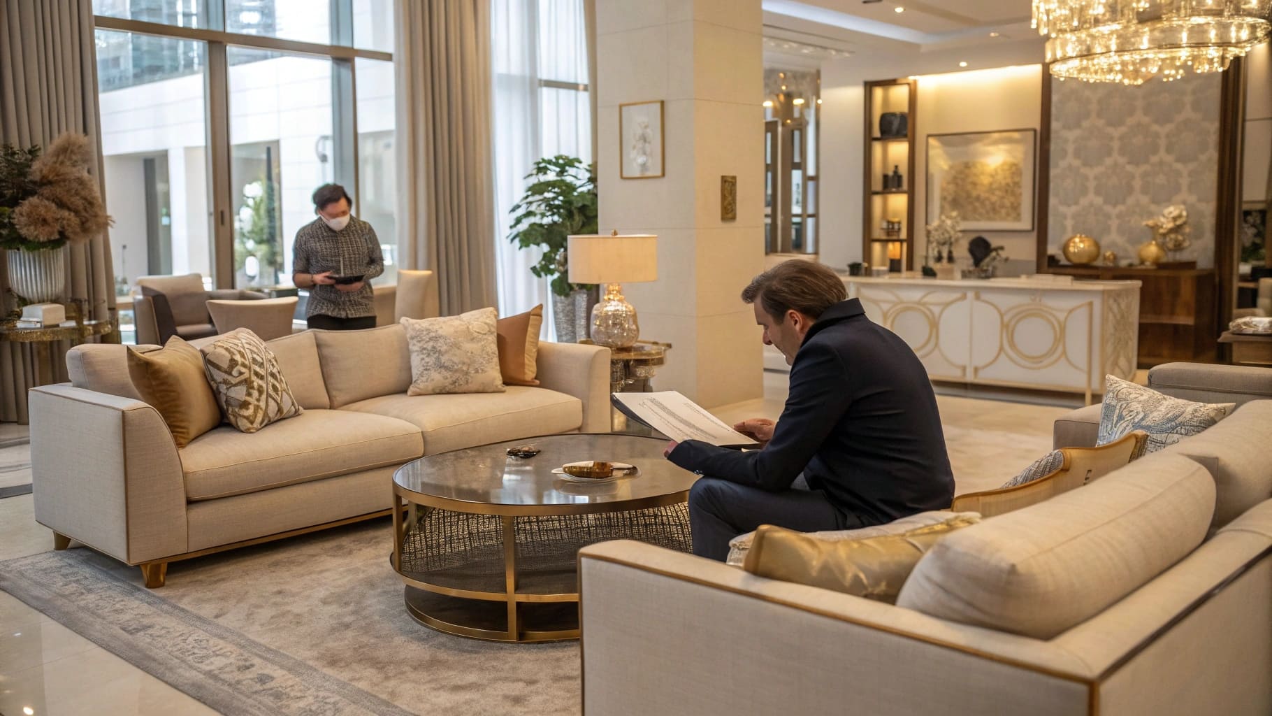 elegant living room with stylish beige sofas and a man reading documents