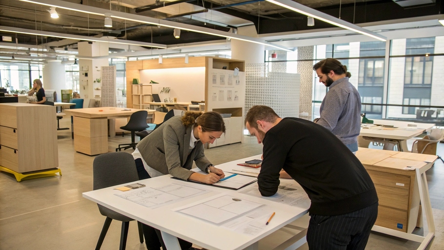 designers working on furniture blueprints in a modern office