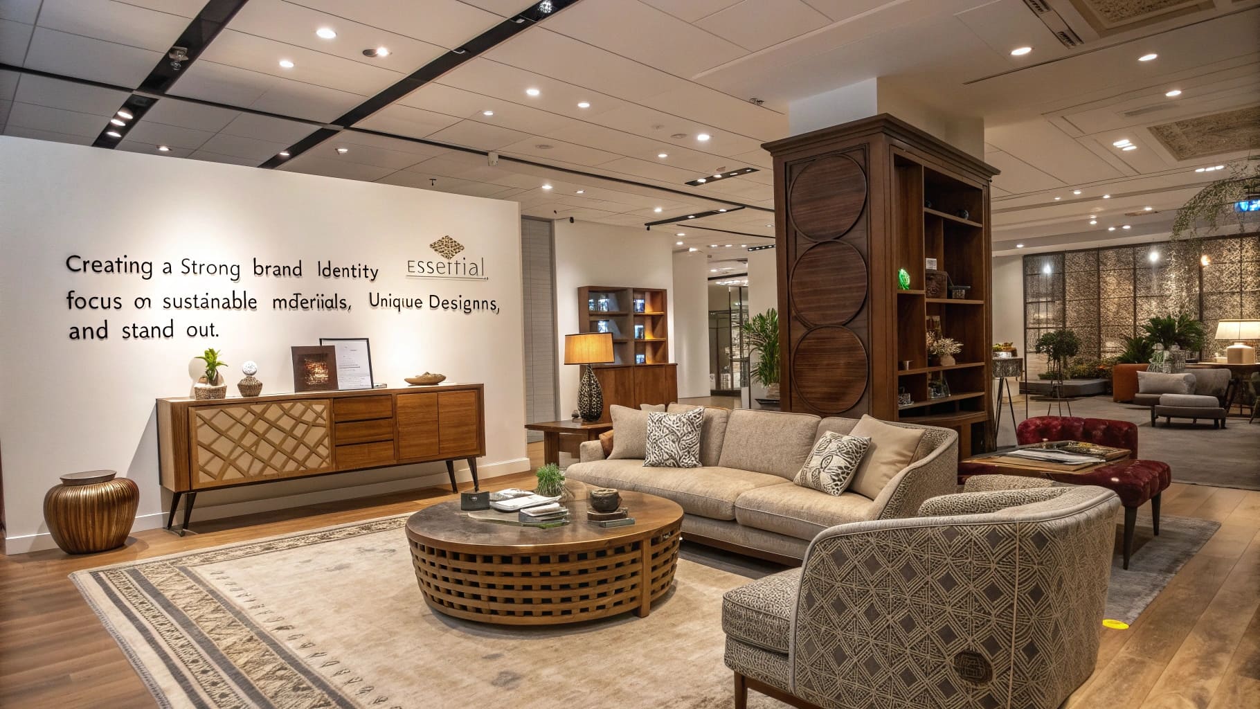 modern living room with sustainable design and unique furniture pieces