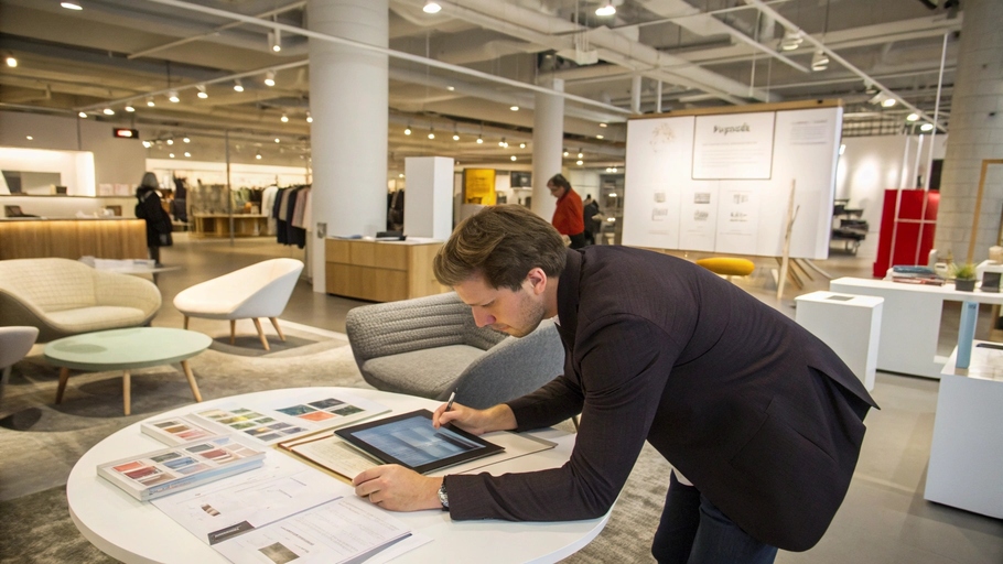 designer using tablet to select furniture materials in modern showroom
