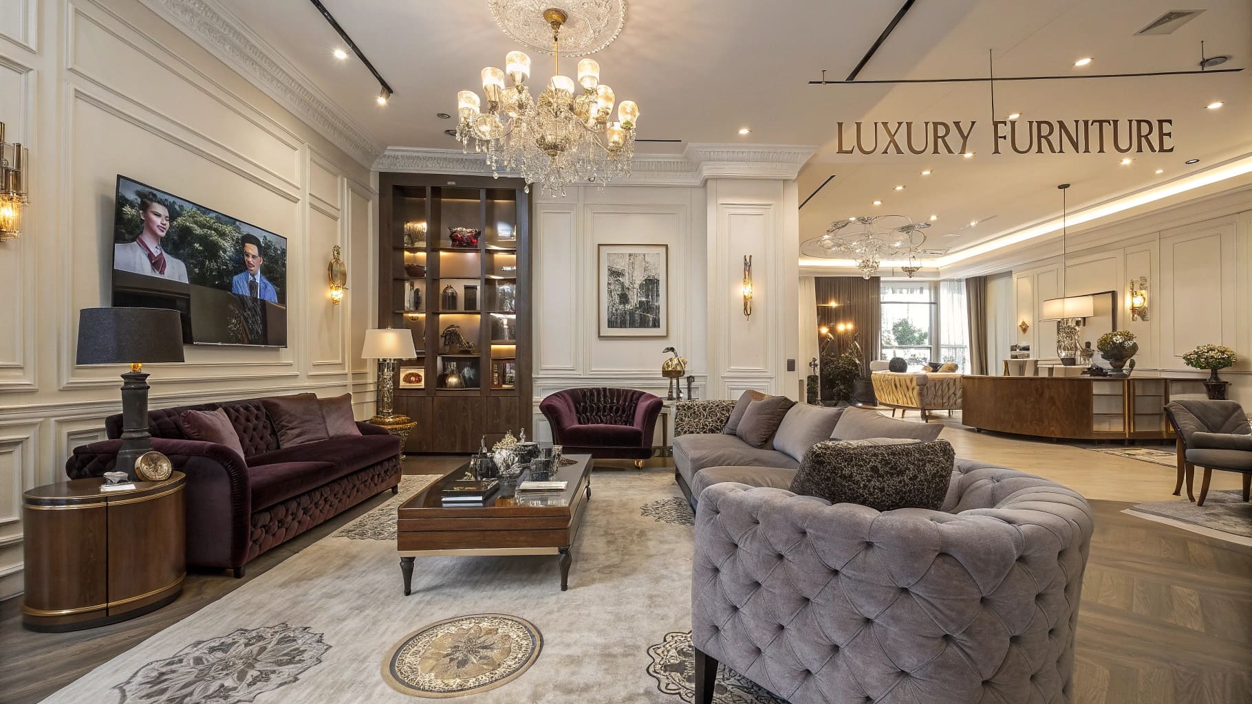 luxurious living room with velvet sofas and elegant lighting