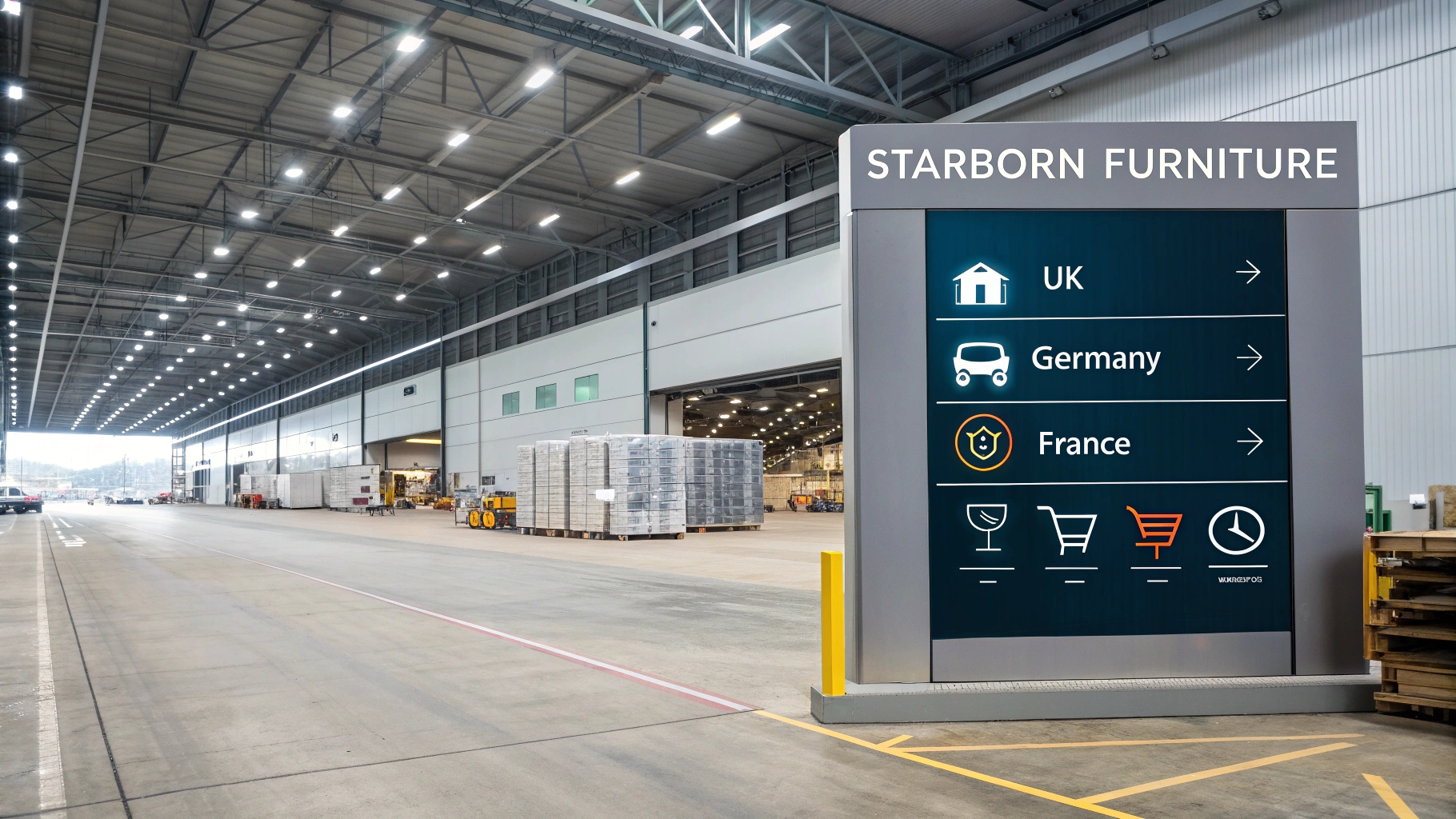 Starborn Furniture warehouse with international shipment destination signs