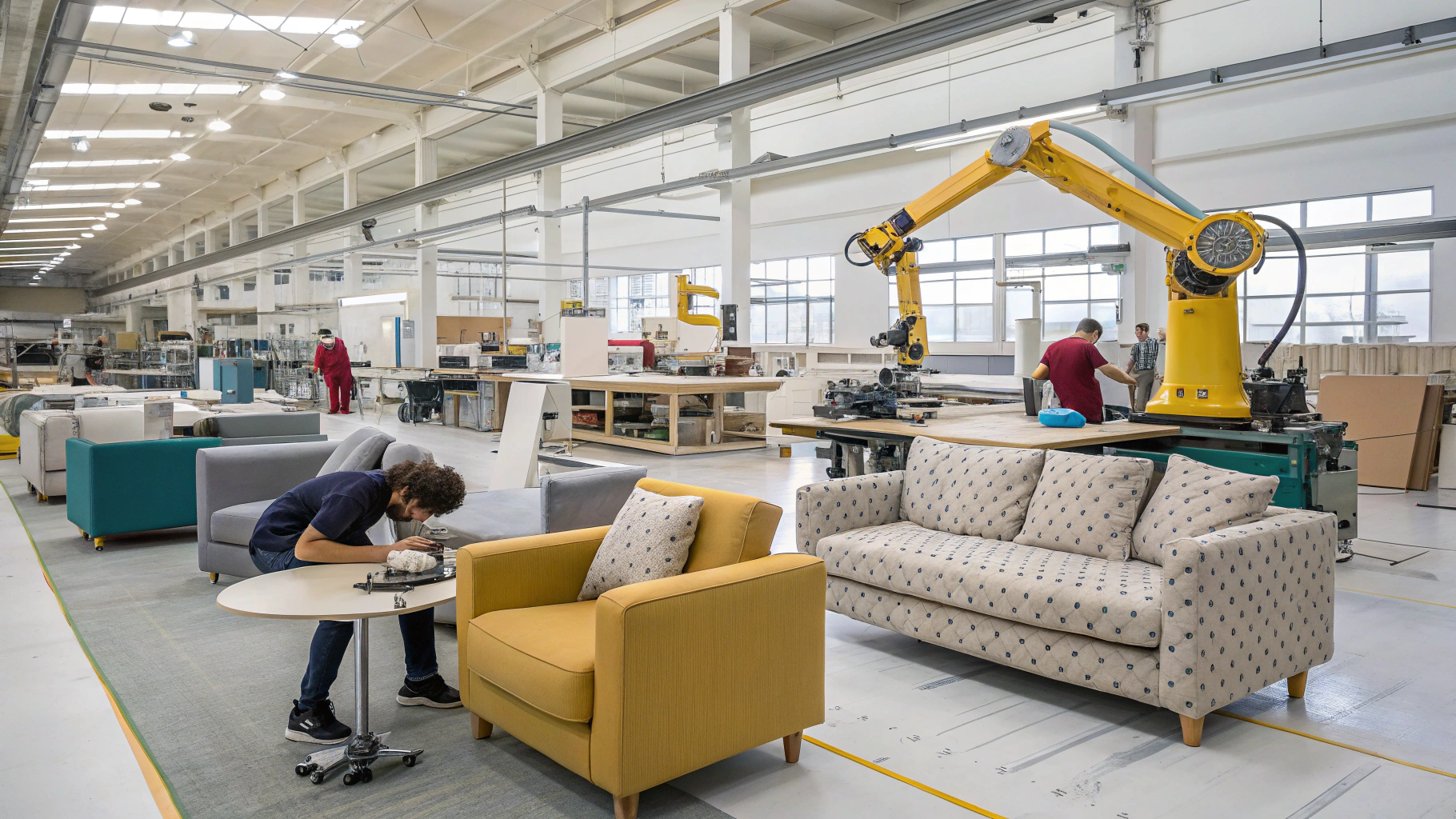 Upholstery furniture manufacturing with workers and robotics.