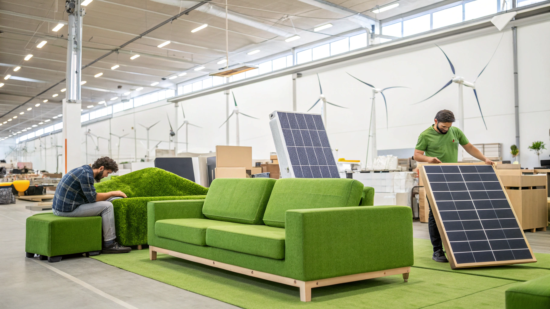 Two men working with green upholstery furniture and solar panels in a warehouse