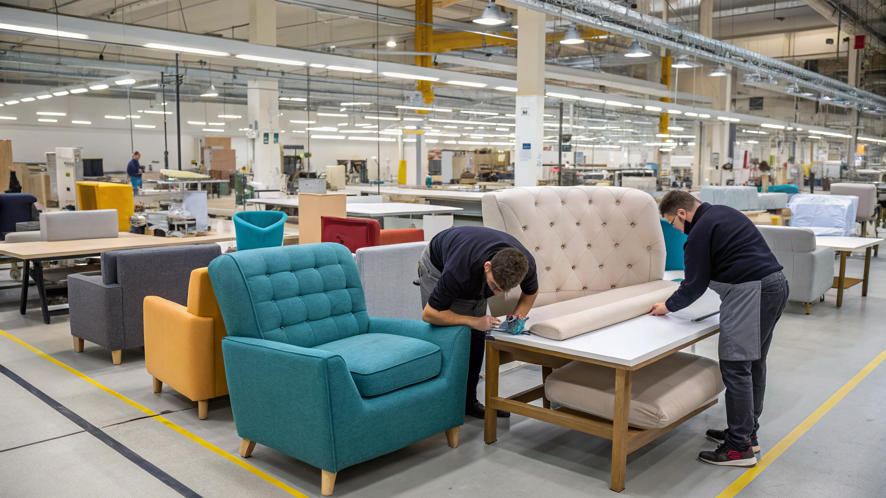 Workers assembling upholstery furniture in a factory, showcasing colorful chairs and sofas.