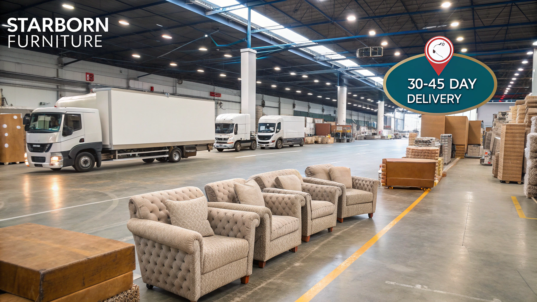 Upholstered furniture displayed in a warehouse setting with delivery trucks in the background