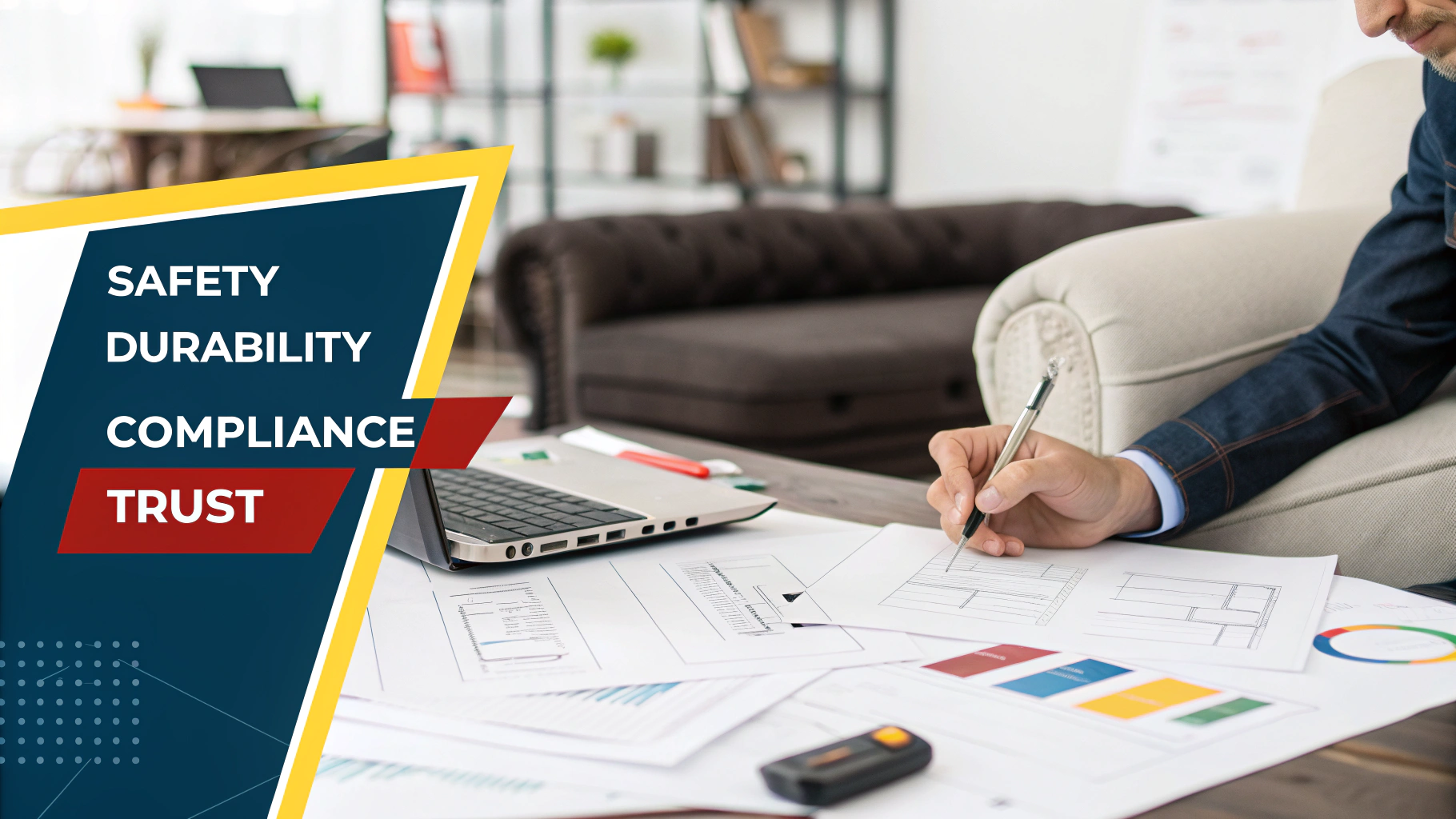 Office workspace with design documents and laptop, emphasizing safety, durability, and trust