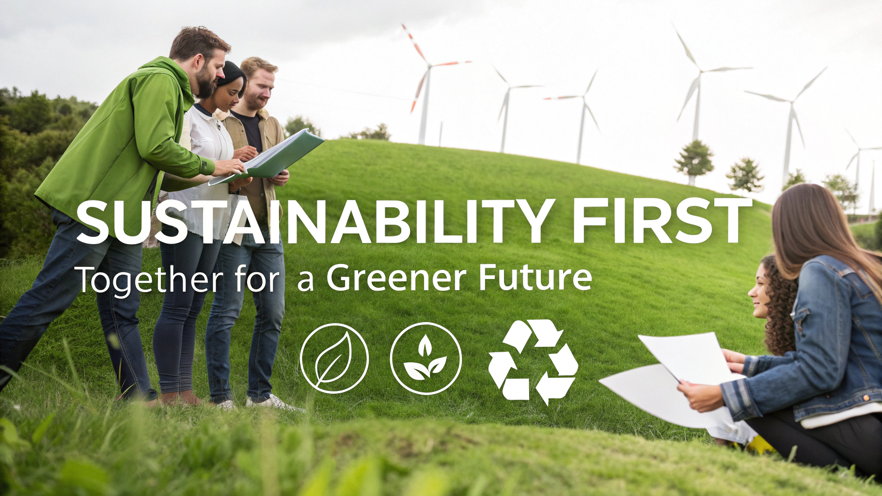 Group discussing sustainability in a green landscape with windmills