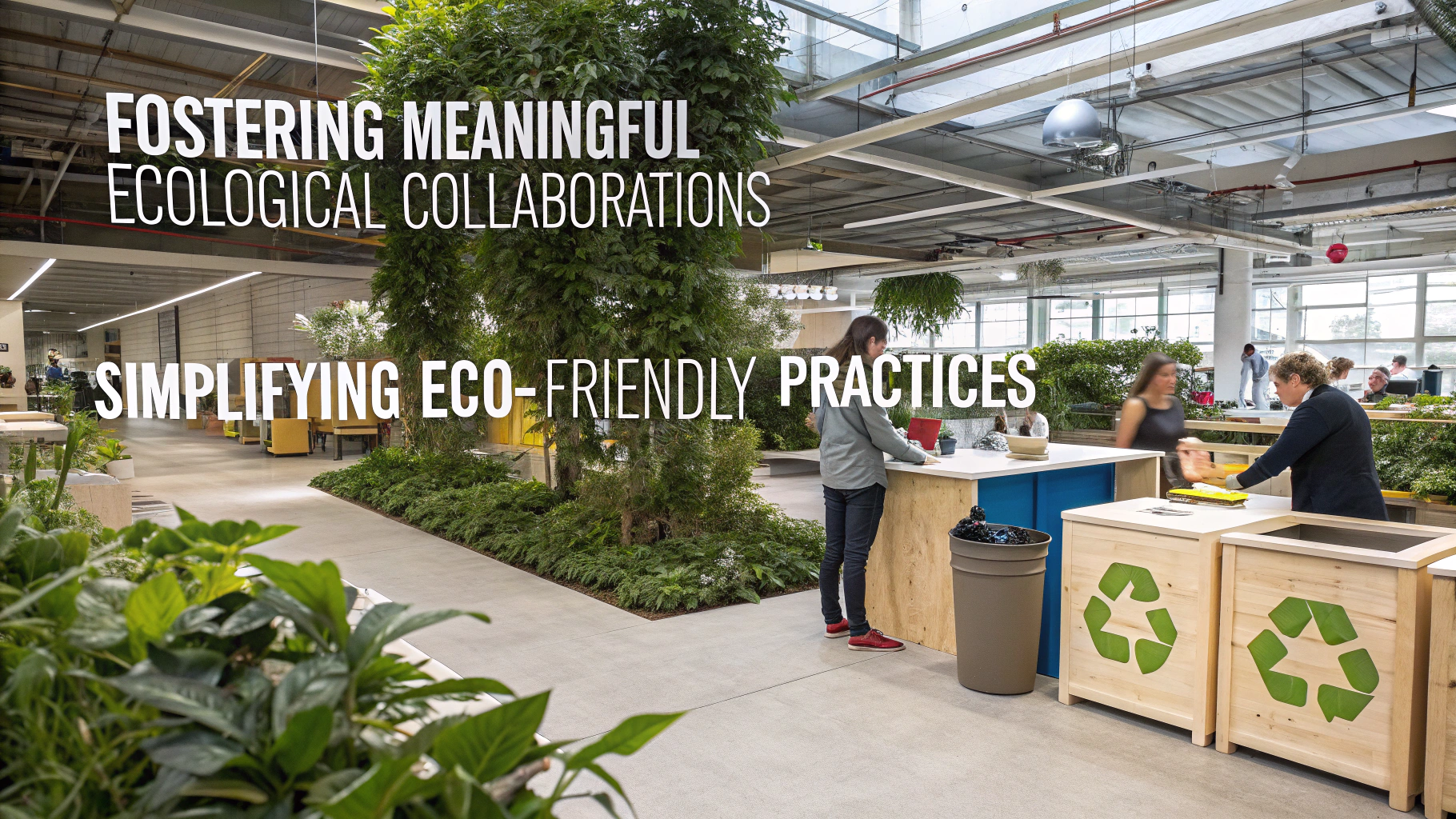 Eco-friendly workspace promoting collaboration and sustainability with greenery and employees engaged in activities