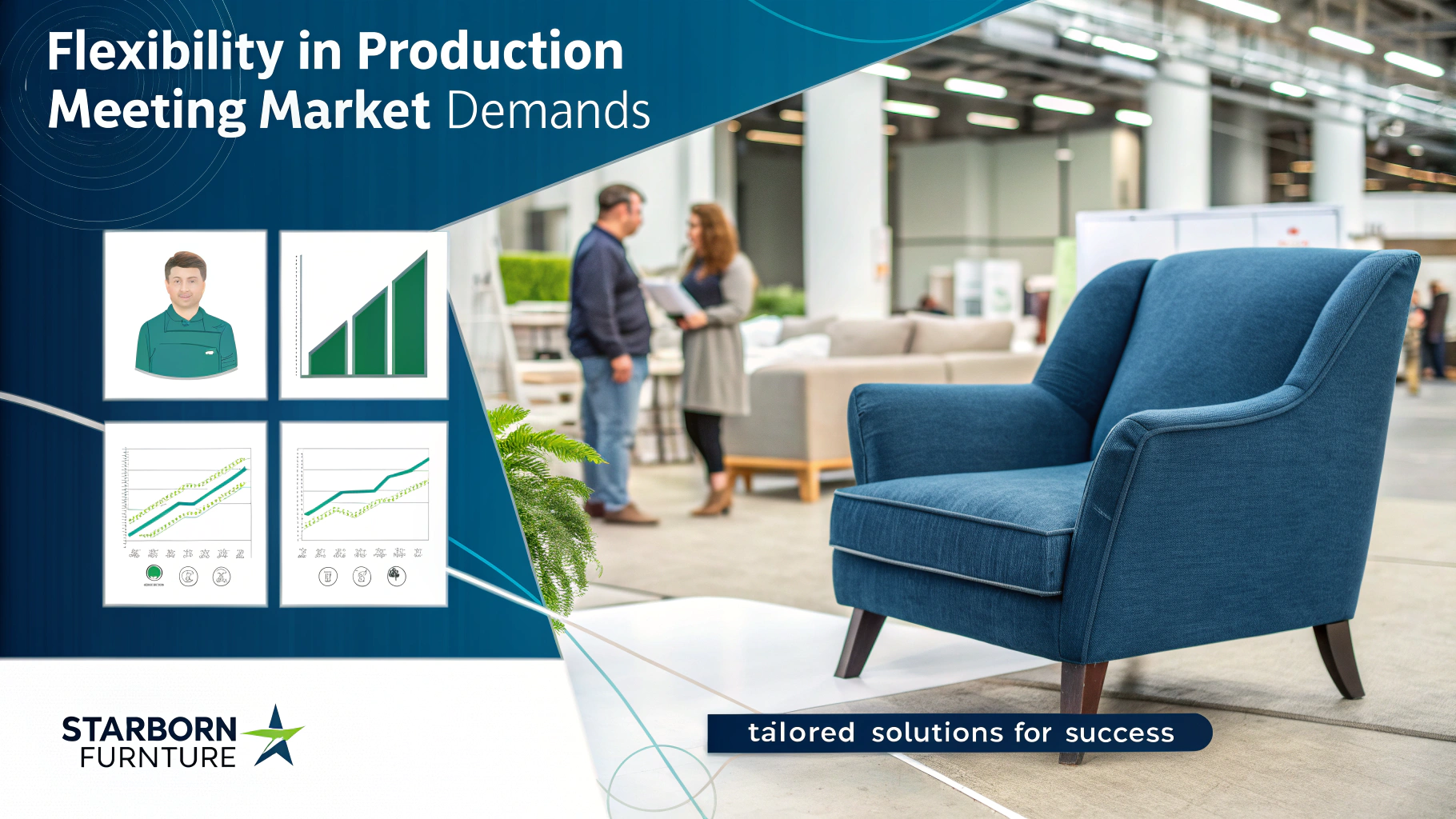 Blue upholstered armchair in a trade show setting with market analytics visuals