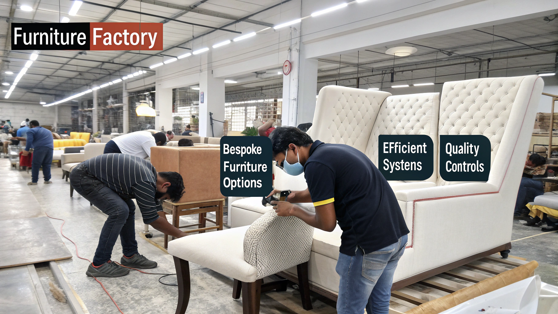 Furniture factory workspace with craftsmen at work on upholstered furniture