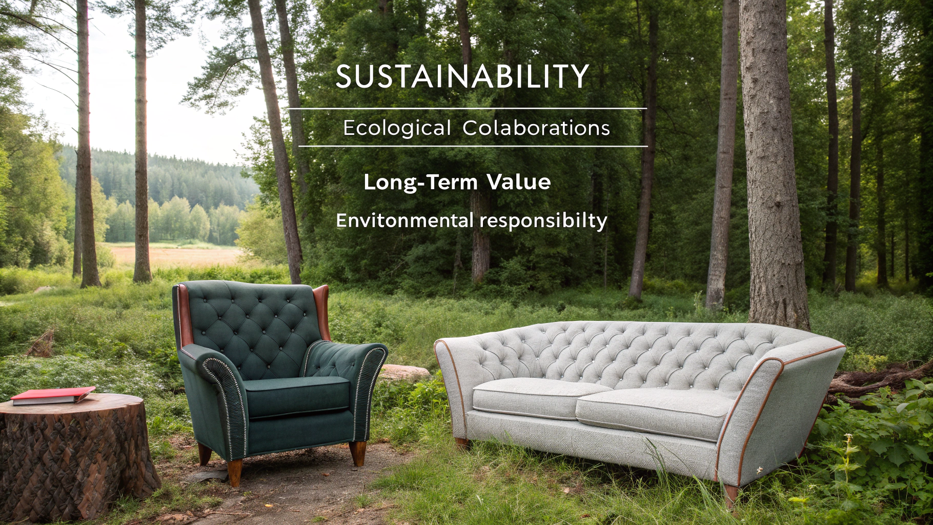 Sustainable upholstery furniture in a natural setting, showcasing environmental responsibility