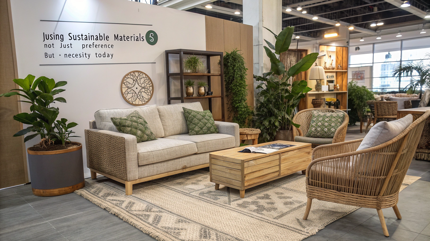 modern upholstery furniture display with plants and [sustainable materials](https://stylenations.com/green-living-exploring-the-benefits-of-sustainable-furniture)[^4]