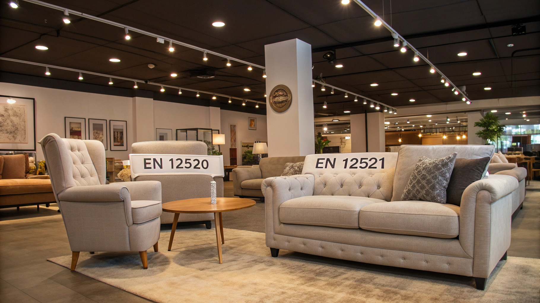 Elegant upholstered furniture display with certification labels