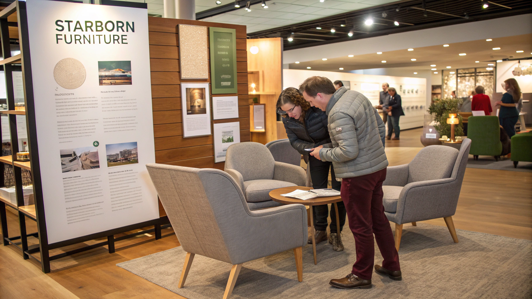 Starborn Furniture display at an event showcasing stylish upholstery furniture. Two people engaged in discussion.