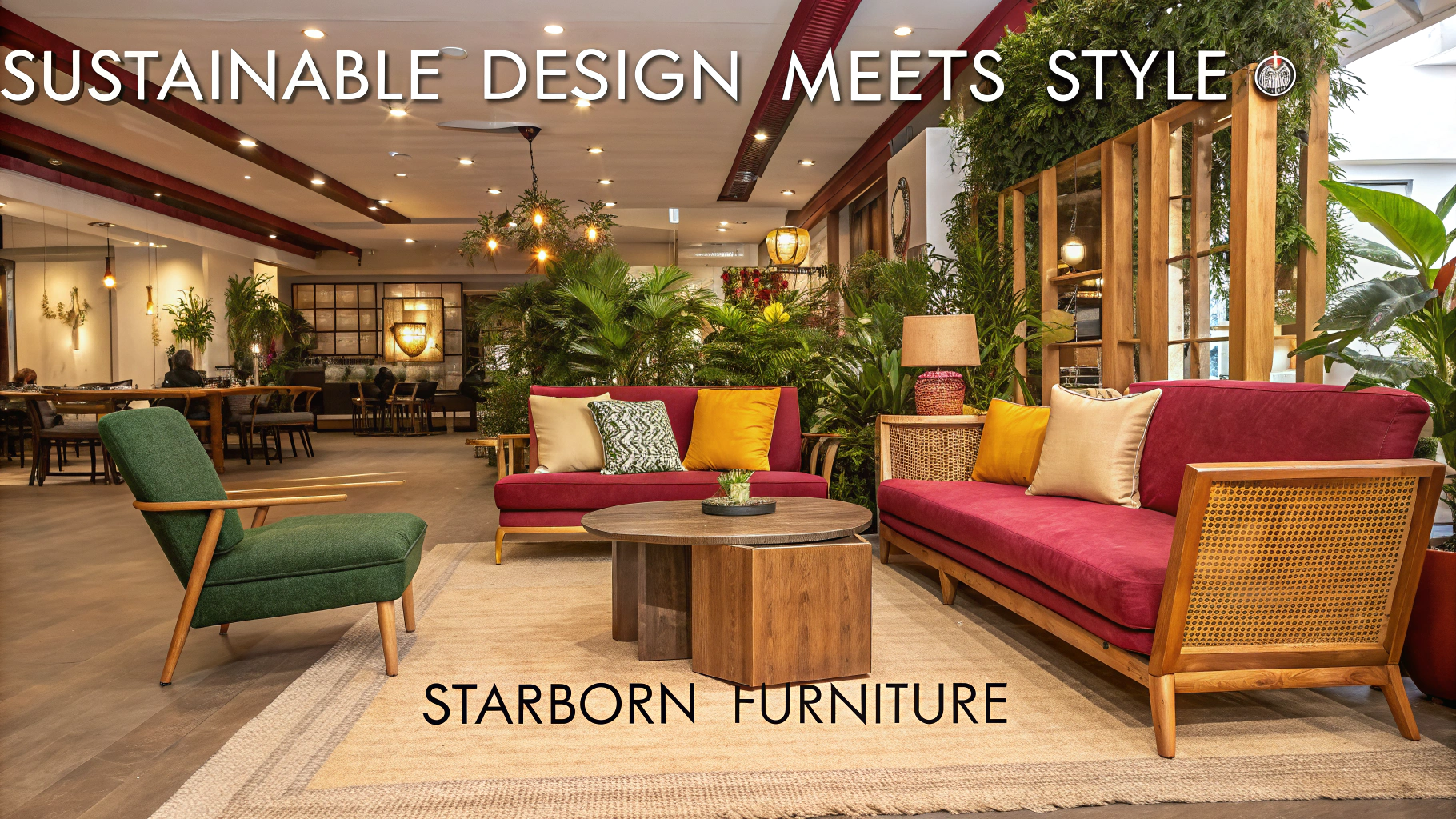 Sustainable furniture design with colorful upholstery and a green ambiance