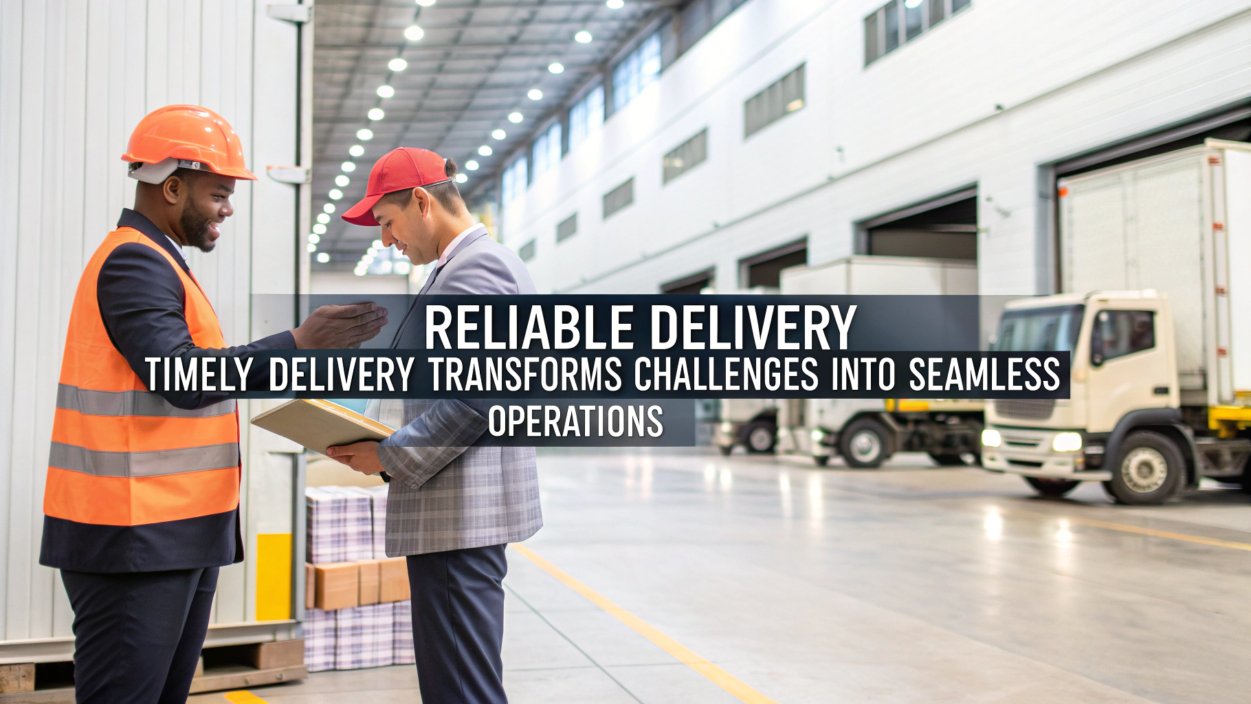 Delivery discussion between two men in a warehouse, showcasing logistics efficiency