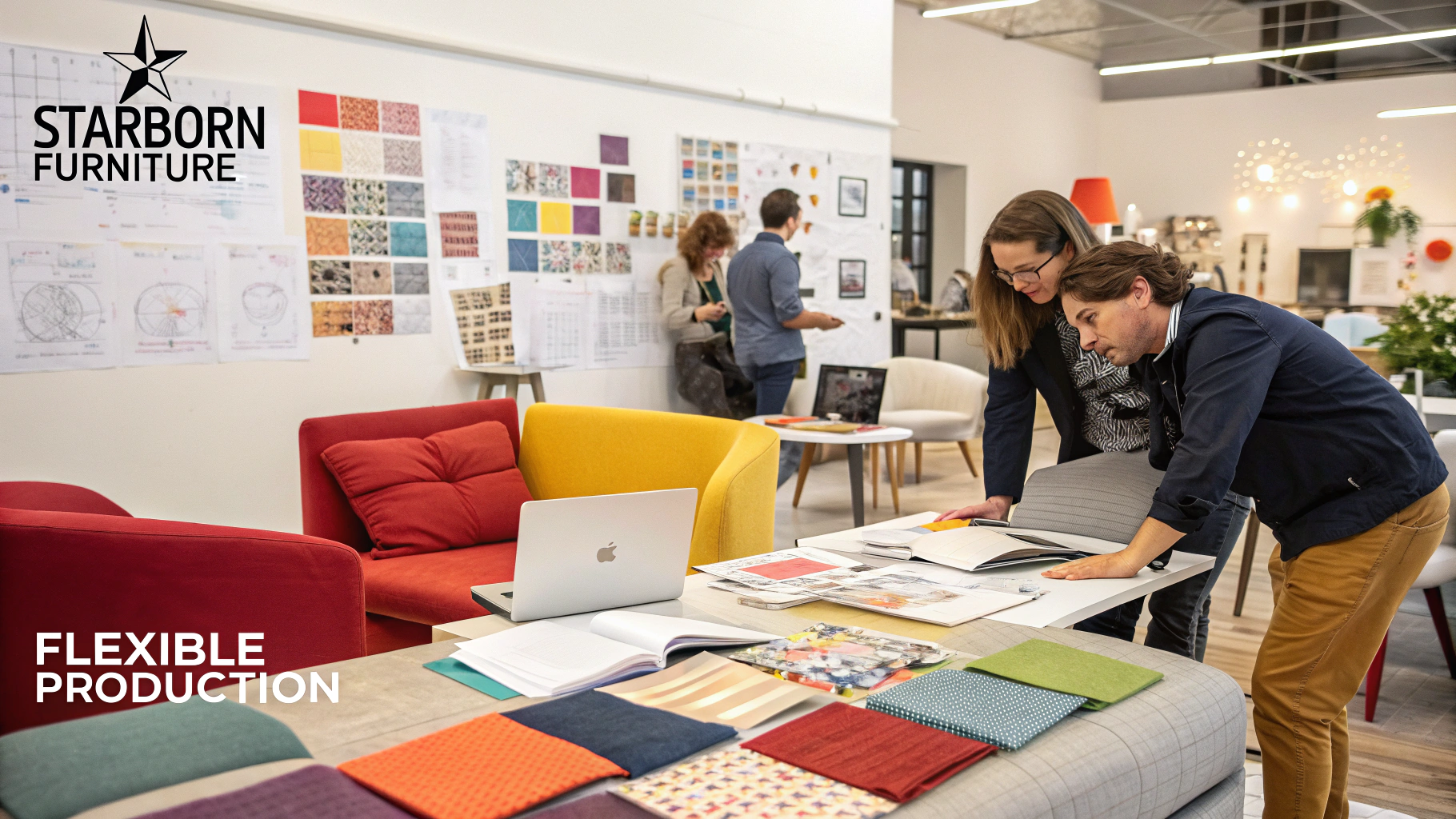 Designers collaborating in a creative space with furniture samples and materials