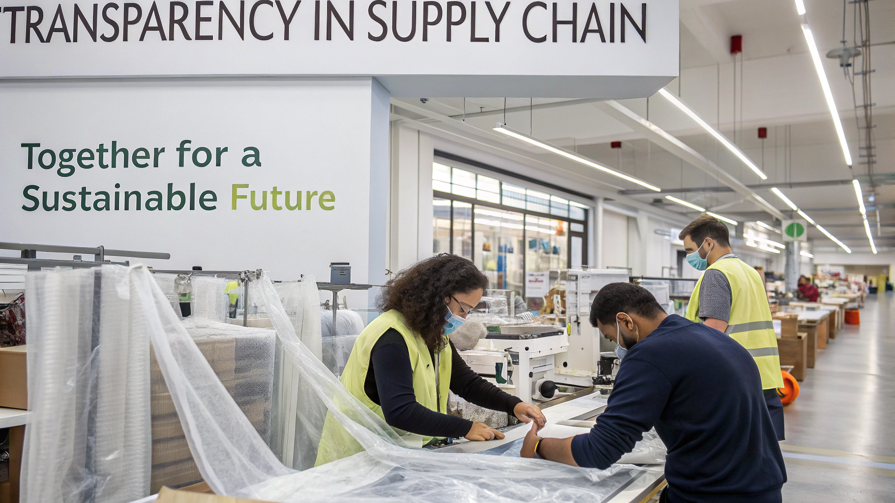 Workers in a factory focused on sustainable practices and transparency in supply chain