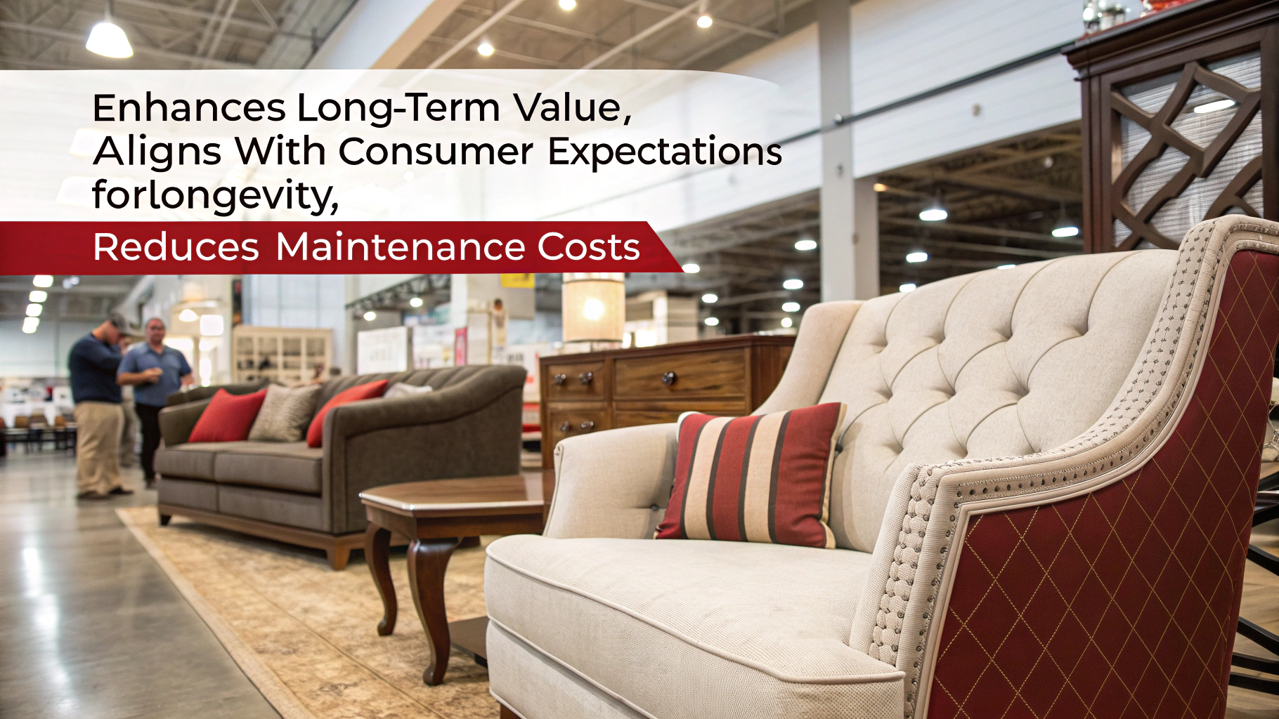 Furniture showroom with upholstered sofas and professional staff discussing options