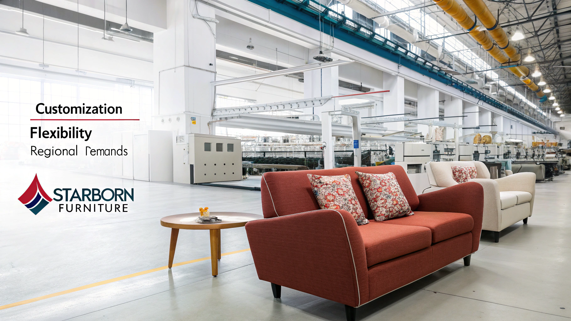 Modern upholstered furniture in an industrial setting, showcasing customization options.