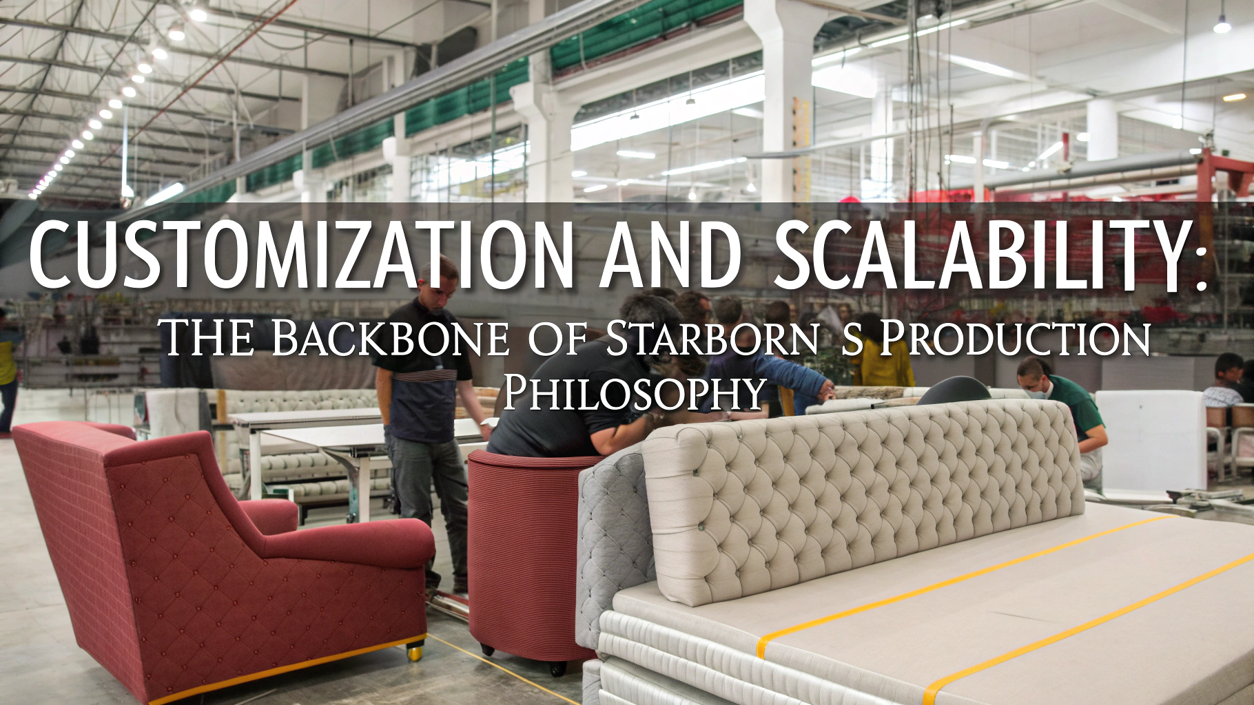 Furniture production showcasing customization and teamwork in a spacious factory setting.