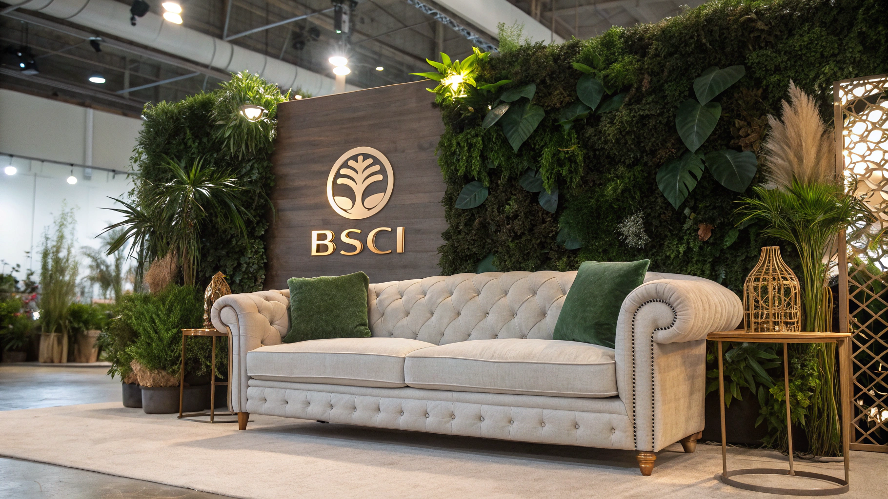Elegant upholstered sofa with greenery backdrop and BSCI logo