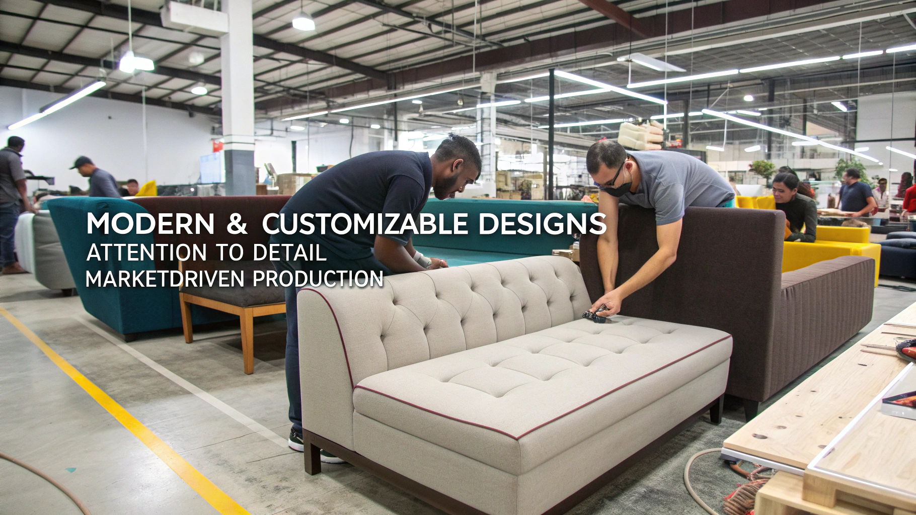 Workers assembling modern customizable furniture in a factory setting