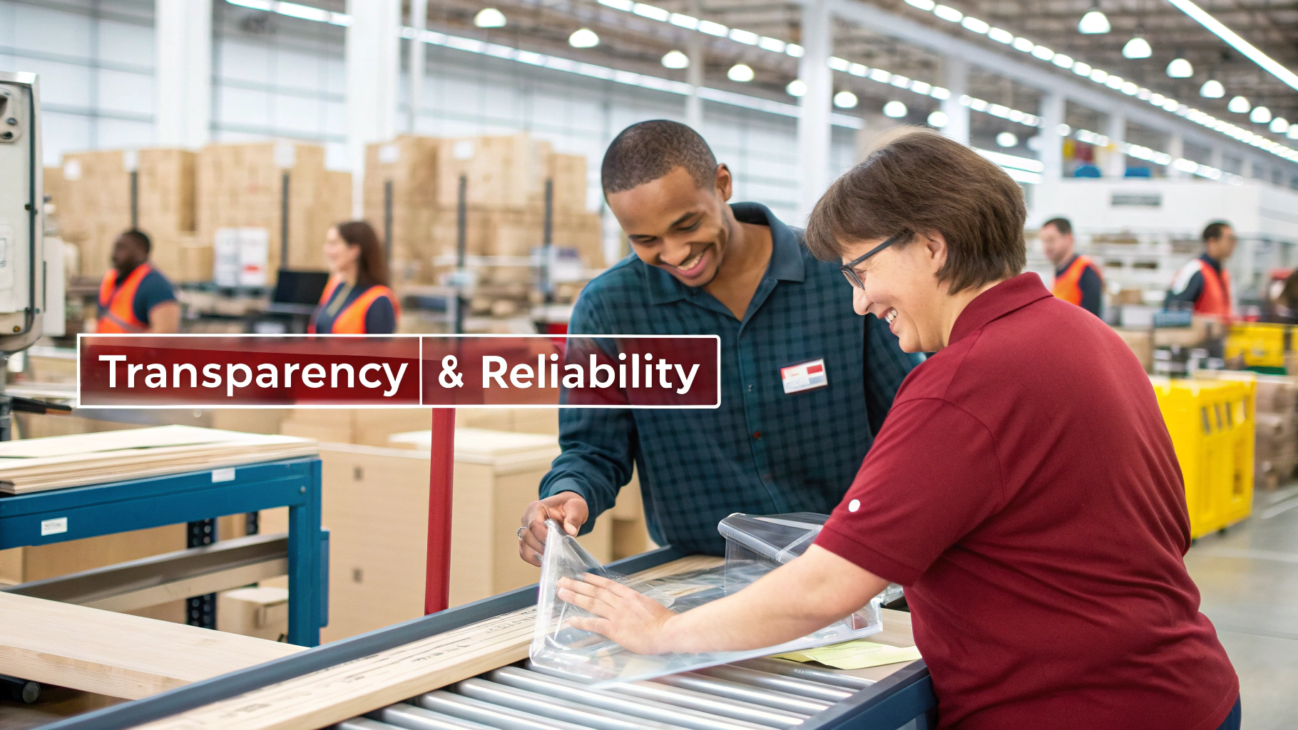 collaborative warehouse scene with workers, showcasing teamwork and transparency