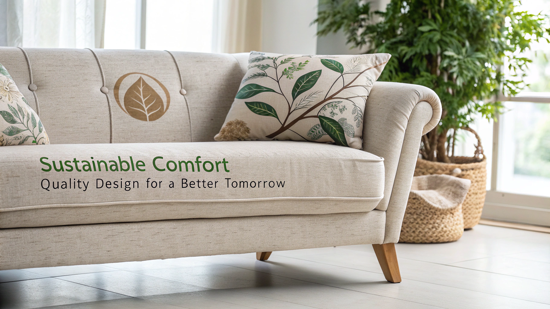 Sustainable upholstery sofa with decorative pillows