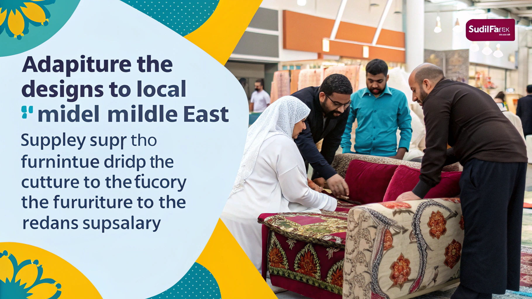 Participants reviewing furniture designs at a Middle Eastern market