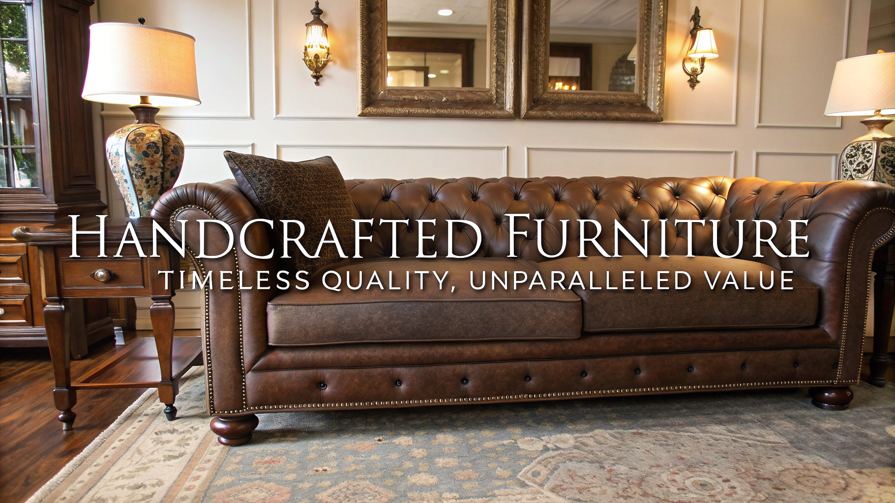 Handcrafted leather sofa in a stylish living room setting, showcasing quality and design