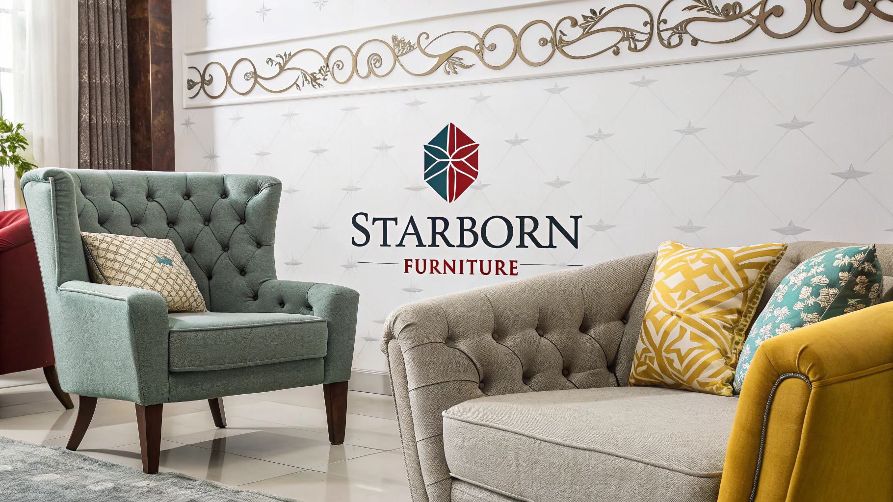 Stylish upholstery furniture display with Starborn logo
