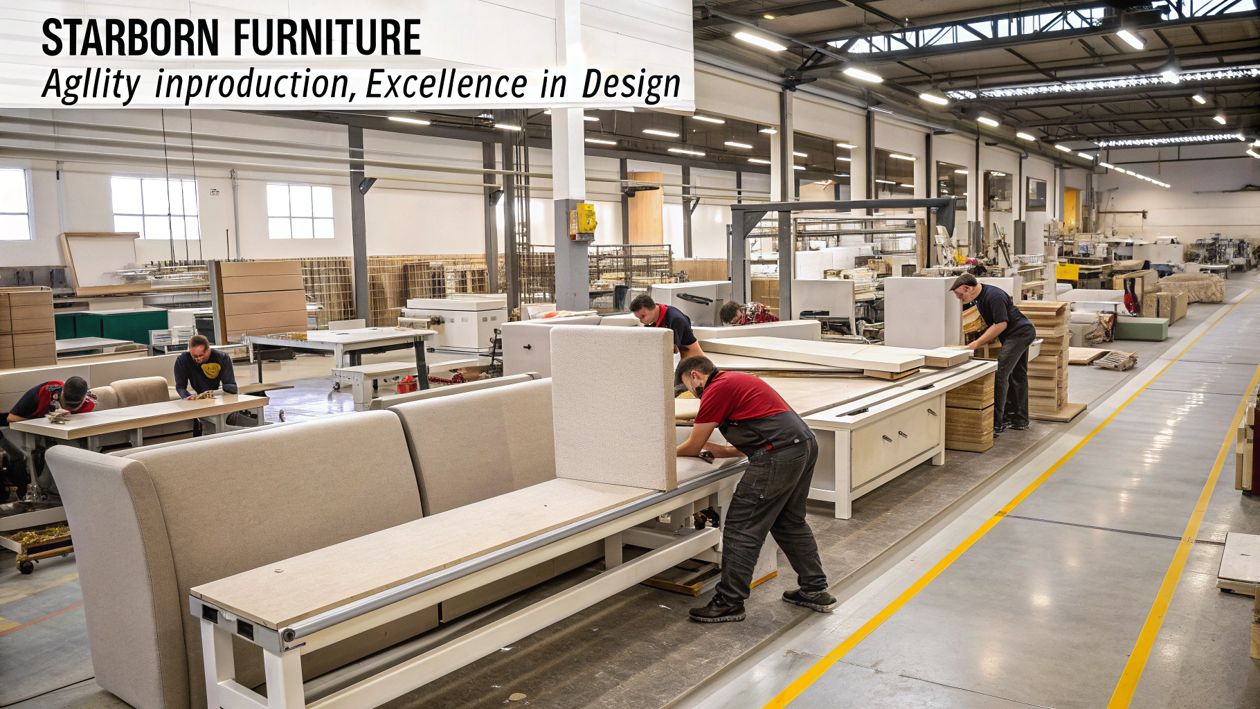 Workers assembling upholstery furniture in a spacious factory setting