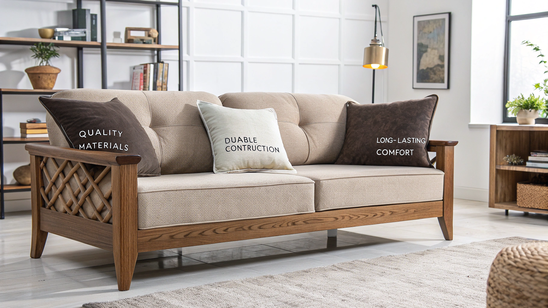 Stylish sofa with cushions highlighting quality and comfort features