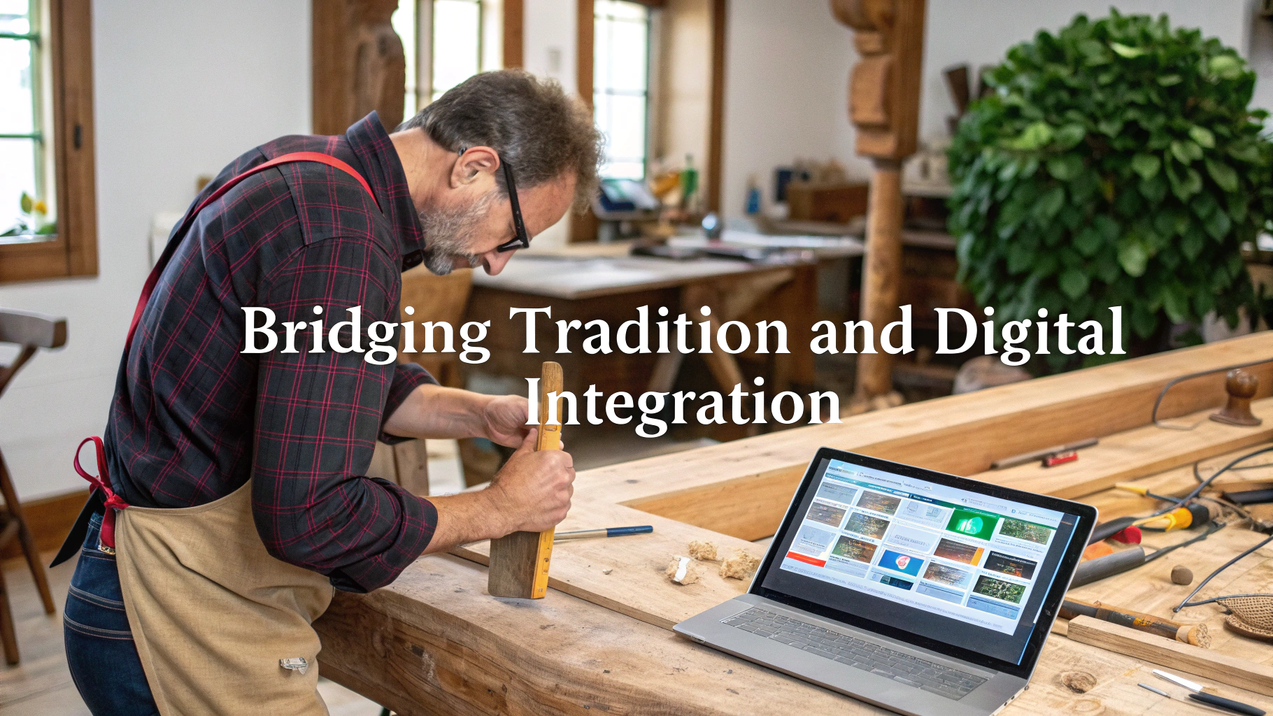 Craftsman woodworking with laptop, blending tradition and technology
