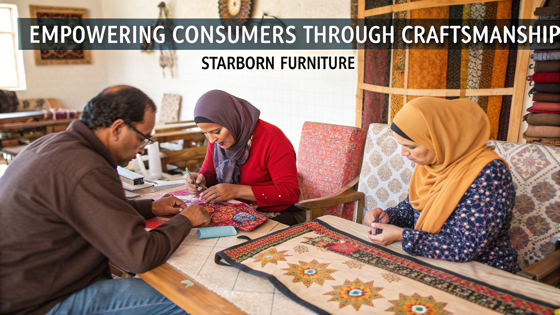 Craftsmanship in Upholstery Furniture, artisans collaborating on handmade fabric designs
