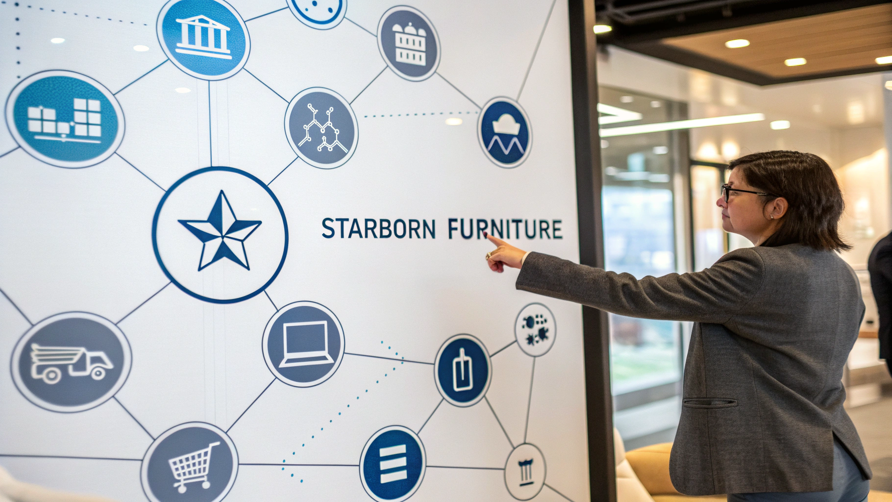 Businesswoman interacting with Starborn Furniture display, showcasing company connections and services.