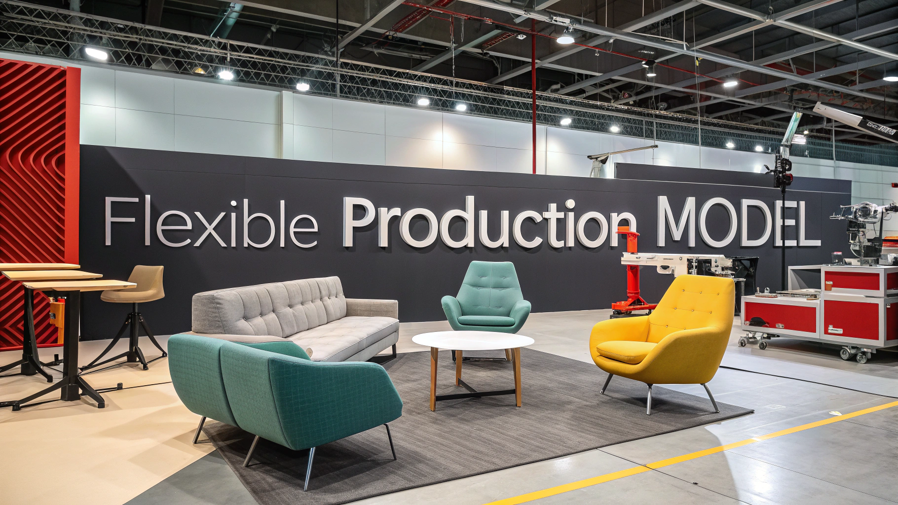 Modern upholstery furniture display with flexible production model sign
