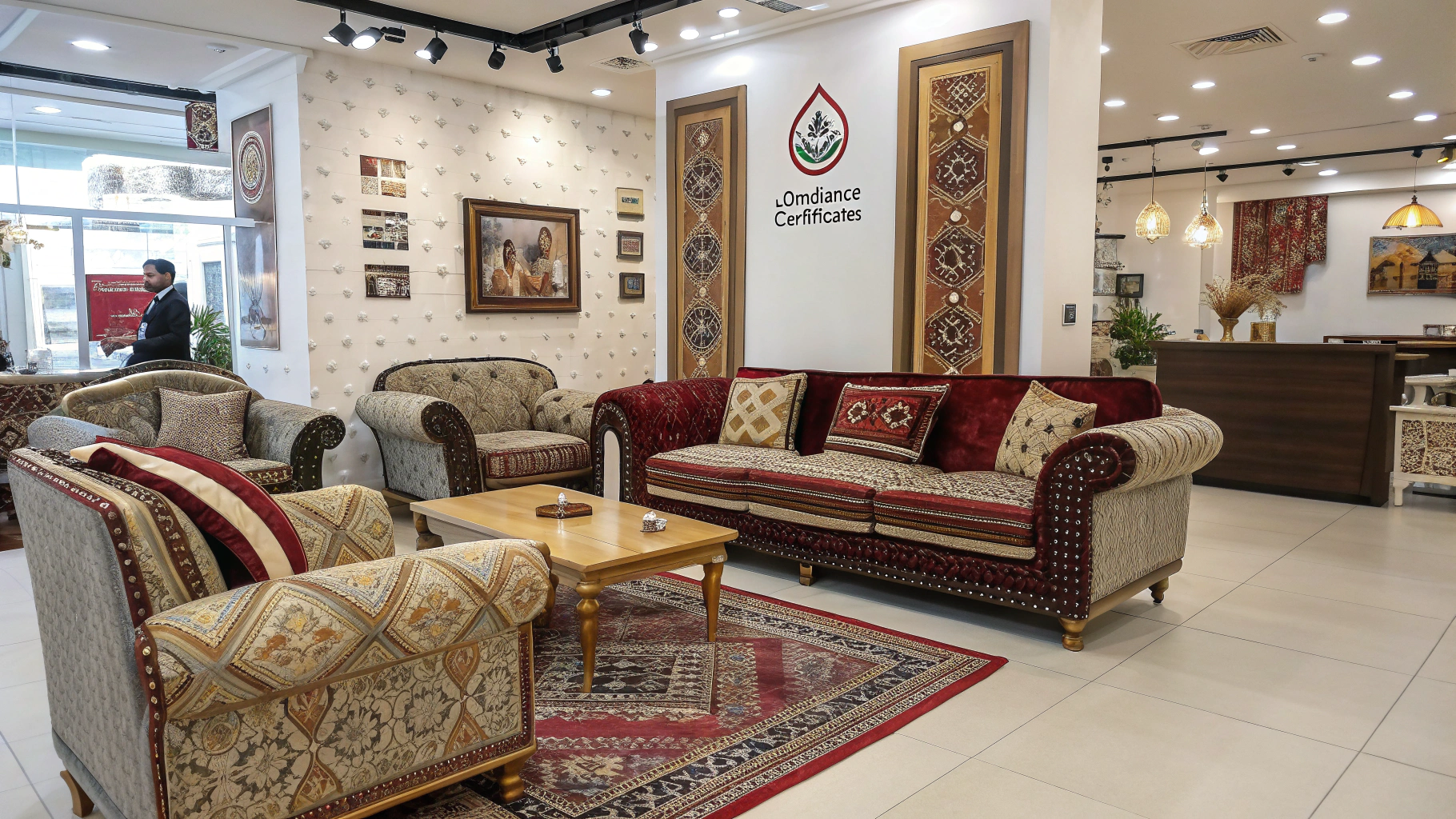 Elegant upholstery furniture showroom with intricate designs and cozy seating arrangements.