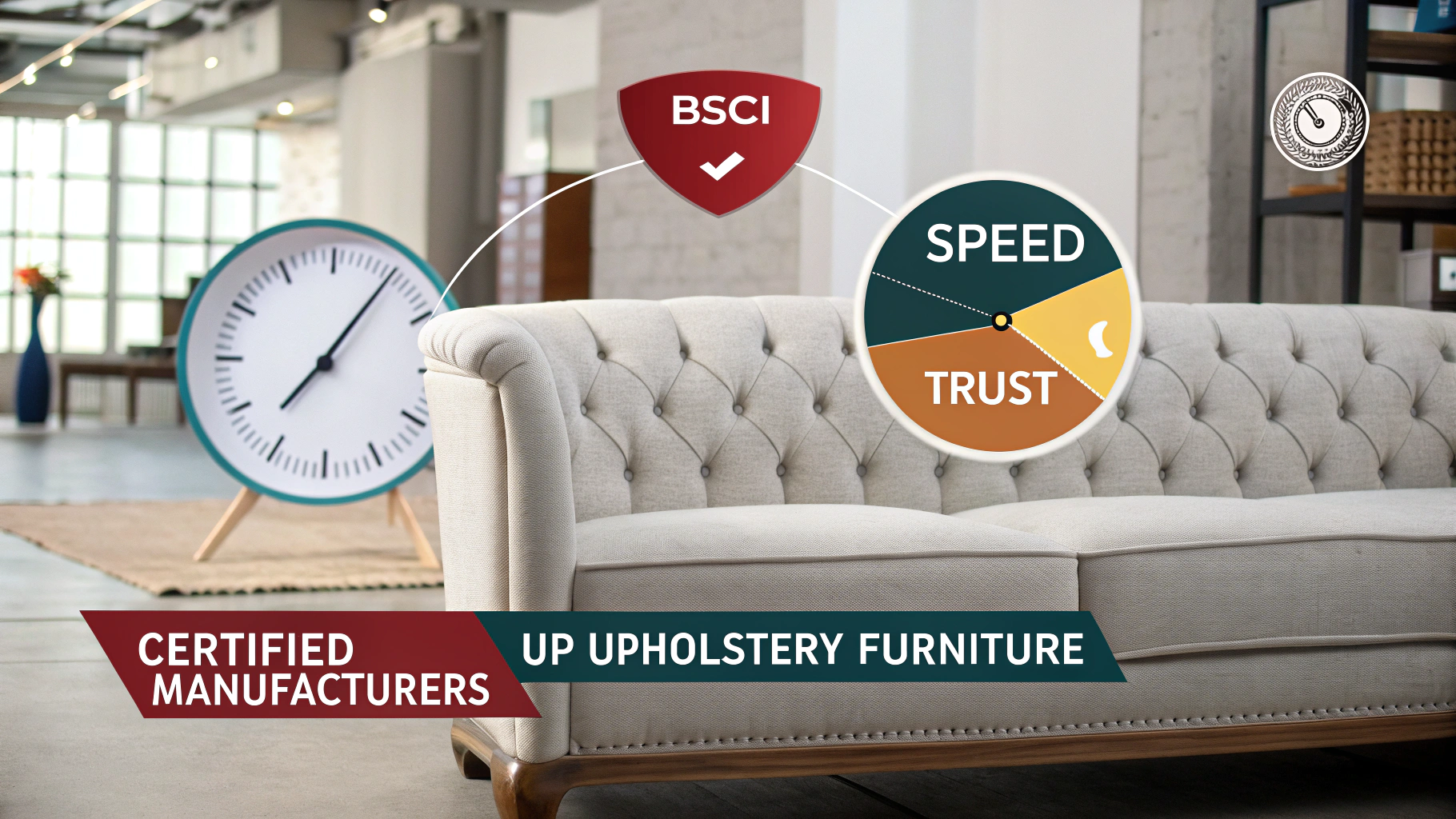 Upholstered furniture with [BSCI](https://www.eurofins.com/assurance/resources/articles/what-is-amfori-bsci-audit-requirement-benefits-and-process/)[^1] certification and trust indicators in a modern setting