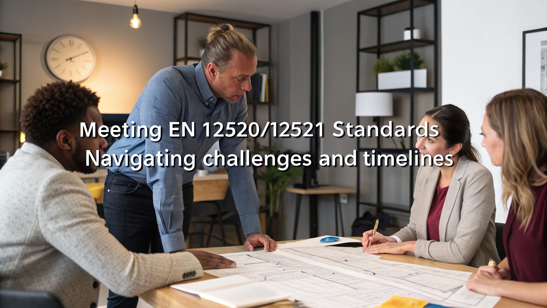 Meeting professionals discussing standards and timelines in an office setting