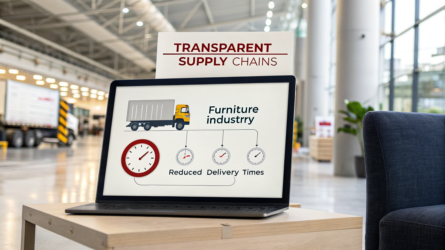 Laptop displaying furniture industry supply chain information and reduced delivery times