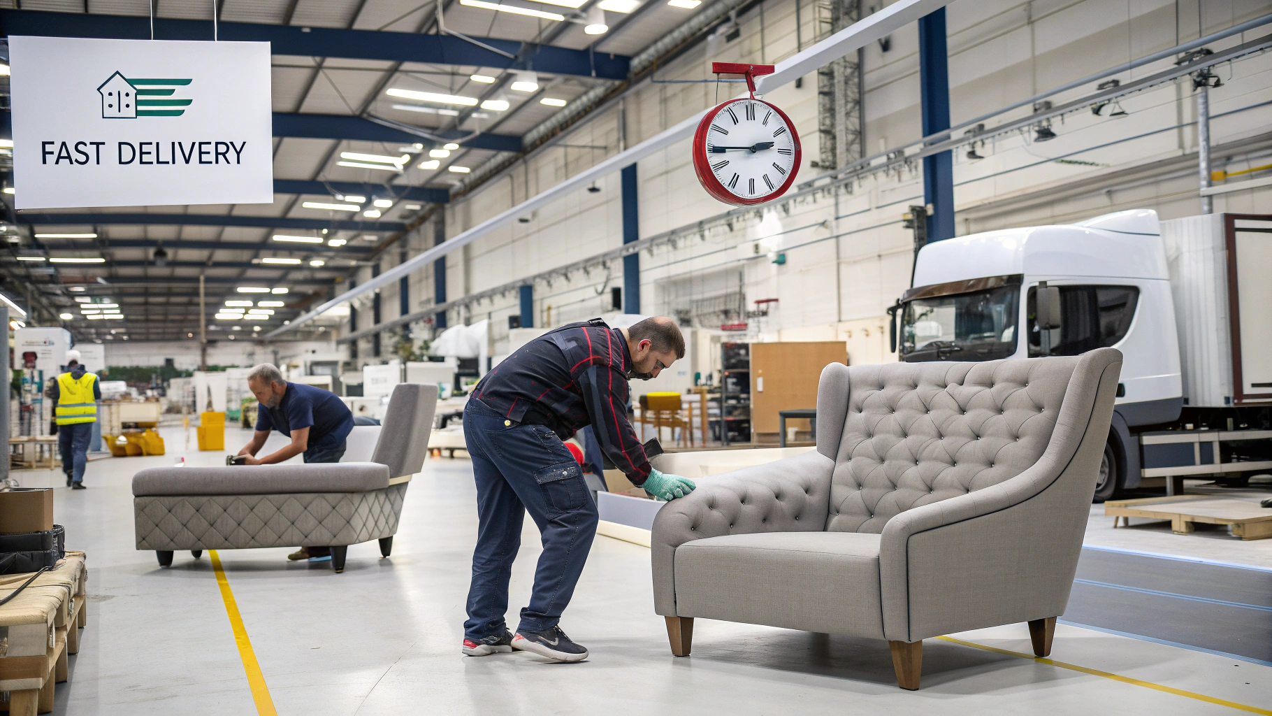 workers assembling upholstered furniture in a factory with a fast delivery sign