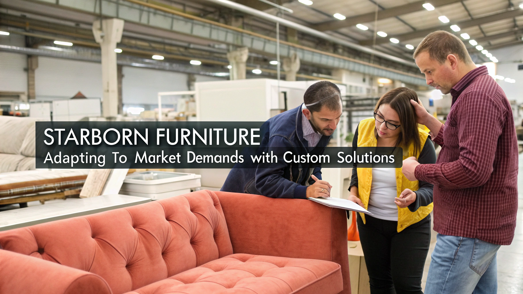 Team discussing upholstery designs at Starborn Furniture factory