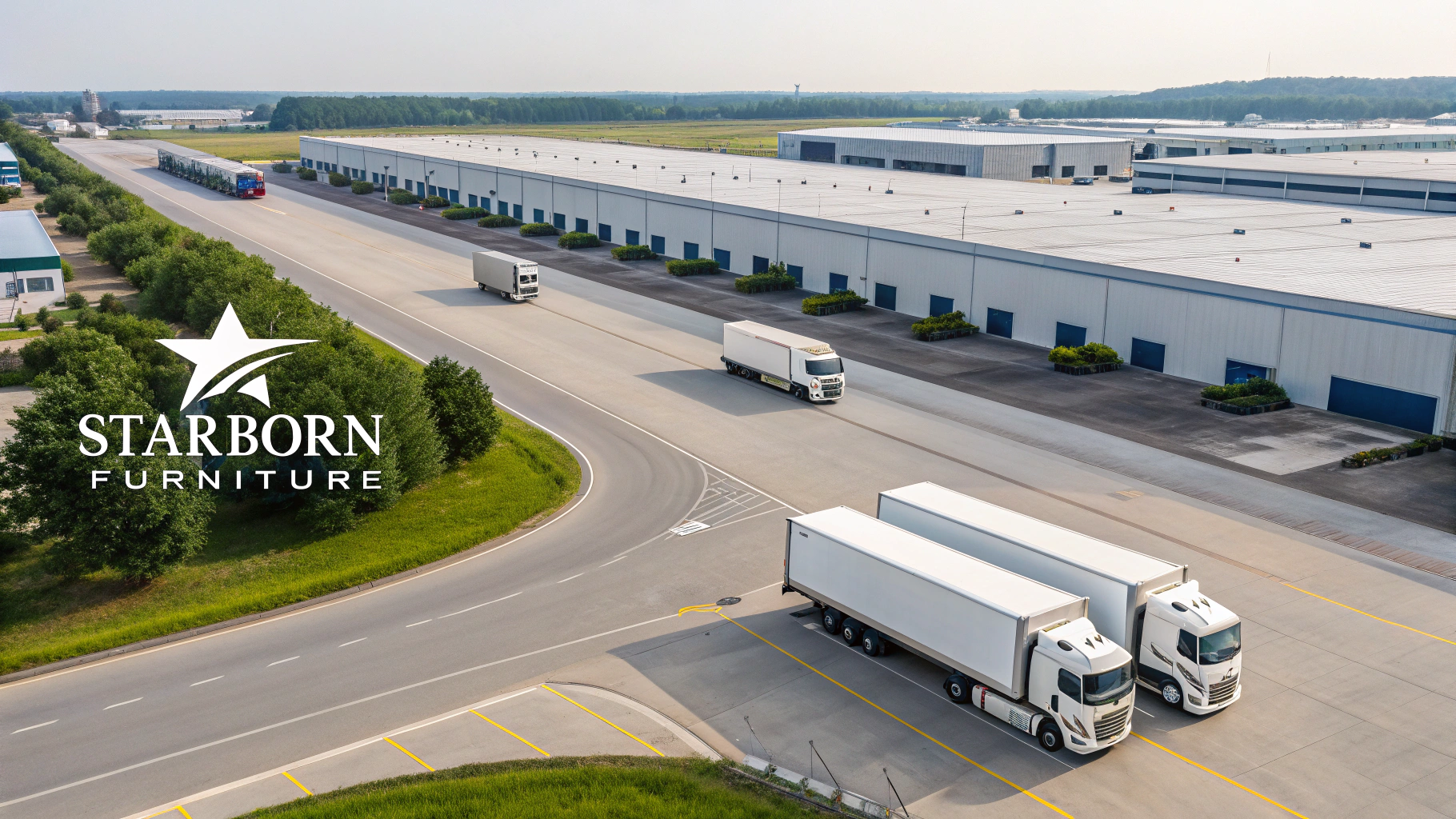 Starborn Furniture factory with trucks on the road