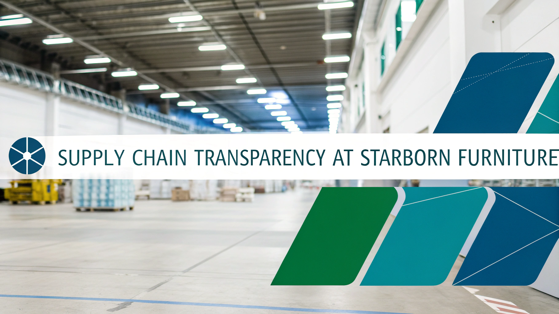 Warehouse interior with supply chain transparency message