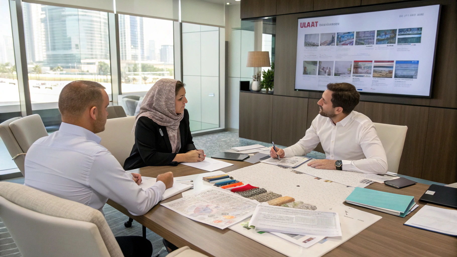 Business meeting discussing upholstery designs with samples on the table