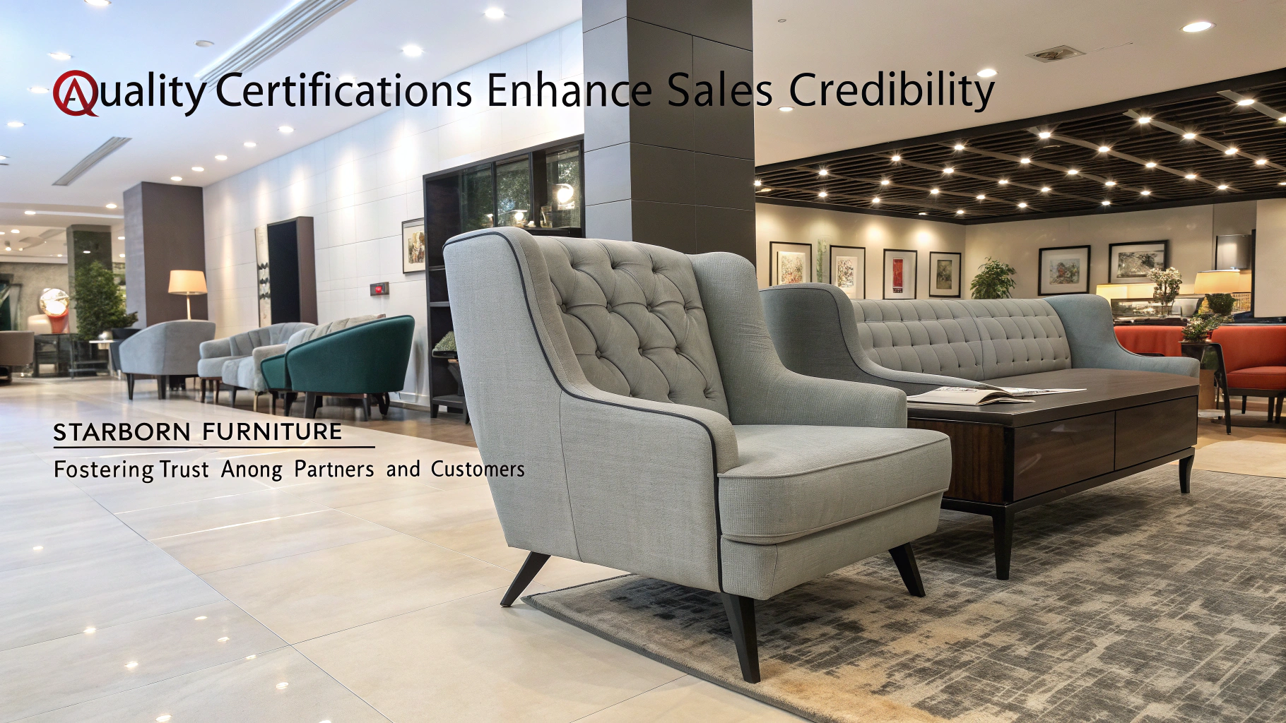 Modern showroom with stylish furniture and quality certifications displayed